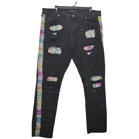 Encrypted Black Rainbow Glitter Distressed Slim Skinny Paint Splatter Men Jeans - Picture 1 of 9